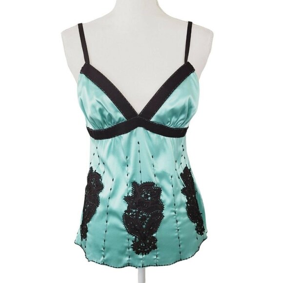 Vintage Bebe Liquid Satin Silk Camisole Top Beaded Sequins Velvet Trim Sz Med - Picture 1 of 13